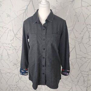 Pladra Charcoal Gray Cotton Fish Print Flip Cuff Cascade Flannel Shirt